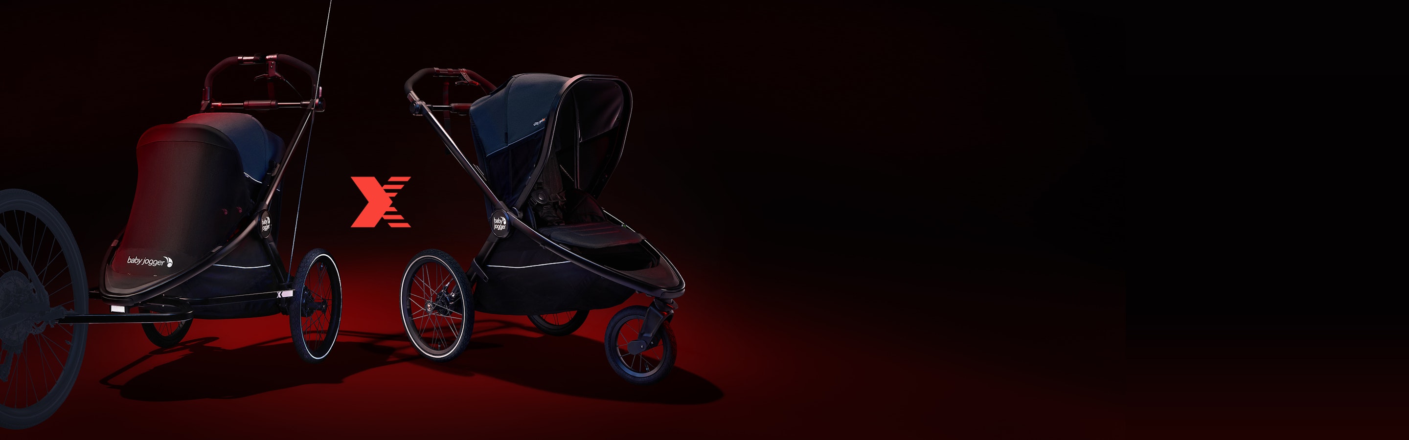 Two sleek black strollers with three wheels each on a dark background; text reads: x.